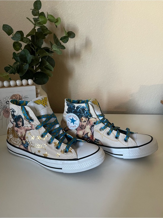 Converse Shoes - Converse Wonder Woman High Top Sneakers — White with Blue & Gold Accents 8